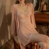 elvesmall  Women's Lace Nightgown 3 Piece Woman Lingerie Set Floral Lace Sexy Lace Nightwear Women Soft Breathable Full Lace Nightwear