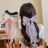 elvesmall Elegant Bow Ribbon Hairpin for Women Long Tassels Pearl Pin Bowknot Stain Hair Clip Retro Headband Girl Hair Accessories Jewelry