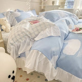 elvesmall French Princess Lace Ruffles Romantic Bedding Set Luxury Flowers Girls Duvet Cover Skirt Sheet and PillowcasesQueen King Size