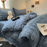 elvesmall Bedding Set, Checkered Bubble Wash Cotton Quilt Set, Four Pieces, Ins Korean High Quality Bedding Sheet Set, Dormitory 3 Pcs