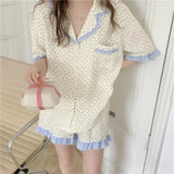 elvesmall  Floral Sleepwear Women Pajama Sets Summer Piiama Korean Pocket Short Sleeve Home Suit 2 Pieces Ruffle Night Wears Pyjamas New