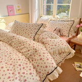 elvesmall Floral Print Pure Cotton Home Bedding Set Lace Edge Duvet Cover Set With Flat Sheet Vintage Rose Comforter Covers Pillowcases