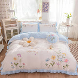 elvesmall  white pastoral style flowers Embroidered Ruffle Cotton Bedding Set Duvet Cover Bed Linen Fitted Sheet Pillowcases Home textiles