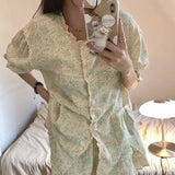 elvesmall  Floral Sleepwear Women Pajamas Sets for Home Summer Ruffles Shorts Sleeve Lace 2 Pieces Button Night Wears Korean Home Suit