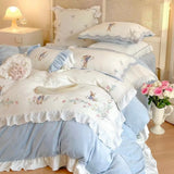 elvesmall  Embroidered Milk Fiber Vintage Rabbit Four-Piece French Girl Heart Embroided Bed Sheet Quilt Cover