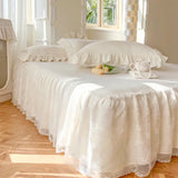 elvesmall Solid Color Bed Skirt & Pillowcase Washed Cotton Wrap Around Bedskirt with Embroidered Lace White Pleated Dust Ruffle Bed Sheet