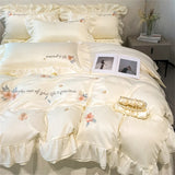 elvesmall Flower Embroidery Lace Ruffles Bedding Set Skin-friendly Washed Cotton Princess Style Wedding Duvet Cover Bed Sheet Pillowcases