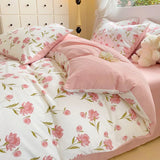 elvesmall Botanical Floral Duvet Cover Single/Queen, Washed Cotton Garden Flower Pattern Comforter Cover 3Pcs Reversible Pink Bedding Set