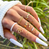 elvesmall Boho Geometric Knuckle Rings Set For Women Artificial Pearl Gold Silver Color Finger Ring Female Party Jewelry Accessories