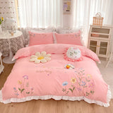 elvesmall  white pastoral style flowers Embroidered Ruffle Cotton Bedding Set Duvet Cover Bed Linen Fitted Sheet Pillowcases Home textiles