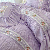 elvesmall  French Romantic Lace Bubble Gauze Bedding Set Queen Elegant Princess Style Embroidered Duvet Cover Set Ruffled Quilt Cover Sets
