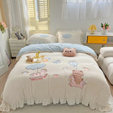 elvesmall  Cute Cartoon Bear Soft Comfortable Velvet Fleece Towel Embroidery Bedding Set Duvet Cover Linen Fitted Sheet Pillowcases