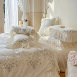 elvesmall Beige Egyptian Cotton Bedding Sets Luxury Princess Chiffon Lace Bedclothes Rose Embroidery Duvet Cover Bed Sheet Pillowcases