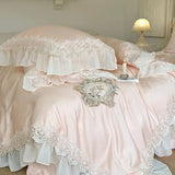 elvesmall  100%Cotton 1000TC French Vintage Chic Bedding White Ruffle Lace Comforter Cover Soft Bed Sheet 2 Pillowshams Double Queen King