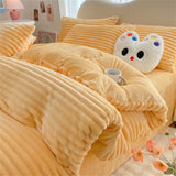 elvesmall Striped Bedding Sets Milk Velvet Winter Warm Four Piece Sets Thicken Bed Linen Quilt Cover Sheet Pillowcase King Bedroom Decor