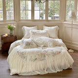 elvesmall Princess Chiffon Lace Bedding Sets Luxury Green Egyptian Cotton Flowers Embroidery Duvet Cover Bed Sheet Pillowcases New