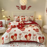 elvesmall  King Size Bedding Set 100% Cotton Red Wedding Bedding Set Floral Printed Bed Linen Duvet Cover Set Bed Sheets and Pillowcases