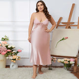 elvesmall  Large size Women Sleepwear Summer Homewear Solid Satin Seemless Midi Nightdress Plus Size Spaghetti Strap Nightgown 60-75kg