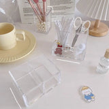 elvesmall Acrylic Three Grid Pen Holder Transparent Storage Rack Large Capacity Pencil Rack Square Makeup Shelf Desktop Organizer