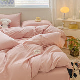 elvesmall Iins Seersucker Washed Cotton Four-Piece Bedding Set Cotton Solid Color Quilt Cover Set Bedding Three-Piece Set Bed Sheet