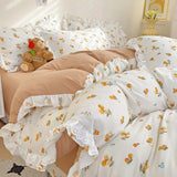 elvesmall Fresh Floral Duvet Cover Set No Filler Lace Ruffles Bedding Washed Cotton Bed Linens Flat Sheet Pillowcase for Girls 200x230cm