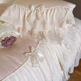 elvesmall  Pink Romantic Lace Ruffles Bow French Princess Wedding Bedding Set 1000TC Egyptian Cotton Duvet Cover Set Bed Sheet Pillowcases