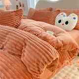 elvesmall Striped Bedding Sets Milk Velvet Winter Warm Four Piece Sets Thicken Bed Linen Quilt Cover Sheet Pillowcase King Bedroom Decor