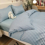 elvesmall Blue Plaid Bedding Set Fashion Soft Bed Linen Single Full Queen Size Boys Girls Duvet Cover Flat Sheet Pillowcases Kit