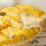 elvesmall Korean Ruffle Lace Bed Skirt Set Botanical Floral Strawberry Duvet Cover with 2 Pillowcase Soft Microfiber Bedding Set Full Size