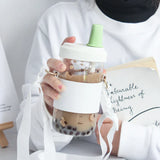 elvesmall  -  Kawaii Cat Bubble Tea Glass Water Bottle With Straw PU Sleeve Cute Boba Coffee Milk Cups Portable Girl Drinking Bottle BPA Free