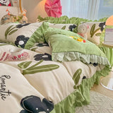 elvesmall Fashion Lattice Bedding Set Bed Sheet Cute Princess AB Double Sided Ruffle Flower Quilt Cover Pillowcase Bedclothes Home Textile