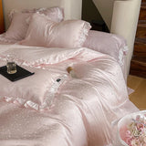 elvesmall Pink Natural Lyocell Fibre Soft Silky Princess Bedding Set Jacquard Ruffles Duvet Cover Set Bed Sheet Or Fitted Sheet Pillowcase