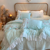 elvesmall Pink Korean Princess Style Lace Ruffles Wedding Bedding Set Seersucker Washed Cotton Soft Duvet Cover Set Bed Sheet Pillowcases