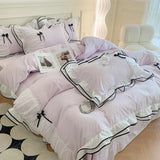 elvesmall  Korean Princess Bedding Set Washed Cotton Bed Cover Girl Heart Pure Color Lace Bow Quilt Coverflat Sheet Decor Home Textiles