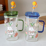 elvesmall  -  750ml Kawaii Animal Glass Cups With Lid  And Straw Cute Coffee Mugs Glasses For Drinks Tea Water Milk Juice Beer Cup Drinkware