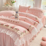 elvesmall Princess Style Korean Bed Skirt Bed Sheet Embroidered Ruffle Lace Quilt Cover Ins Bedding For Girls Luxury Home Textiles