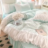 elvesmall Ins Princess Style Korean Lace Bed Four-piece Set Bed Skirt Dormitory Bed Sheet Quilt Cover Bedding Set Three-piece