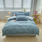 elvesmall Solid Color Duvet Cover Set Twin Queen, 100% Washed Cotton Bedding Set Soft Comfy 4 Pcs-1 Quilt Cover,1 Flat Sheet,2 Pillowcase