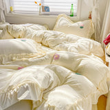 elvesmall Bed Linen Bedding Set 2024 Korean Princess Style Lace  Towel Embryos  Washing Cotton Four PIECE Set Duvet Cover With Pillowcase