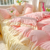 elvesmall  Princess Korean Style Bedding Set Aesthetic Queen Full King Size Solid Color Double Bed Bedspread Sheets Ruffled Duvet Cover Set
