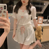 elvesmall  Floral Sleepwear Women Korean Reviews Many Pajama Set Summer Home Wear Bow Short Sleeve Pyjamas Two-piece Set Japanese Piiama