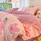 elvesmall  Winter Thickened Warm Flannel Queen Bedding Set Home Textile Cartoon Cute Duvet Cover Sheet Pillowcase 4pcs Luxury Bed Linen Set