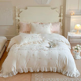 elvesmall  French Romantic Bedding Set Luxury Flower Embroidery Princess Pink Ruffle Milk Velvet Quilt Duvet Cover Bed Sheet Set Bedclothes