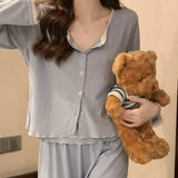 elvesmall  Lace Women Pajamas Set Autumn Sleepwear Long Sleeve Pants Suit Button Sets for Women 3 Pieces Ruffles Piiama Button Night Wears