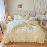 elvesmall  100% Cotton Korean Princess Solid White Bedding Sets Ruffle Bedspread Flower Embroidered Duvet Cover Bed Skirt Pillowcases