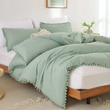 elvesmall  Pink Full Ball Pom Fringe Design Comforter Set 3pcs, Boho Aesthetic Luxurious Full Bedding Set, Vintage Ultra Soft Microfiber