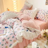 elvesmall  INS Princess Style Flower Bedding Set Duvet Cover With Ruffle Lace Bed Sheet Pillowcases Kawaii Girl Woman Bedroom Home Textiles