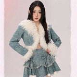 srczz  -  Sweet Hot Girl Suit Women's Autumn/winter Denim Patchwork Furry Short Coat A-line Skirt Two-piece Set Fashion Female Clothes