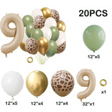 elvesmall 20pcs Jungle Animal Theme Party Sage Green Balloon Caramel Number 0-9 Foil Balloons Happy Birthday Party Baby Shower Decoration
