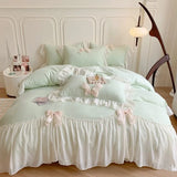 elvesmall Korean Princess Lace Bow Bedding Set Beauty Solid Color Lace Ruffle Quilt Cover Luxury Girls Wedding Home Textiles